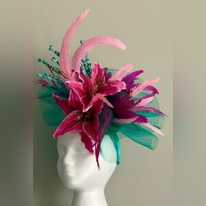 Women's Pink & Teal Floral Feather Fascinator Hat